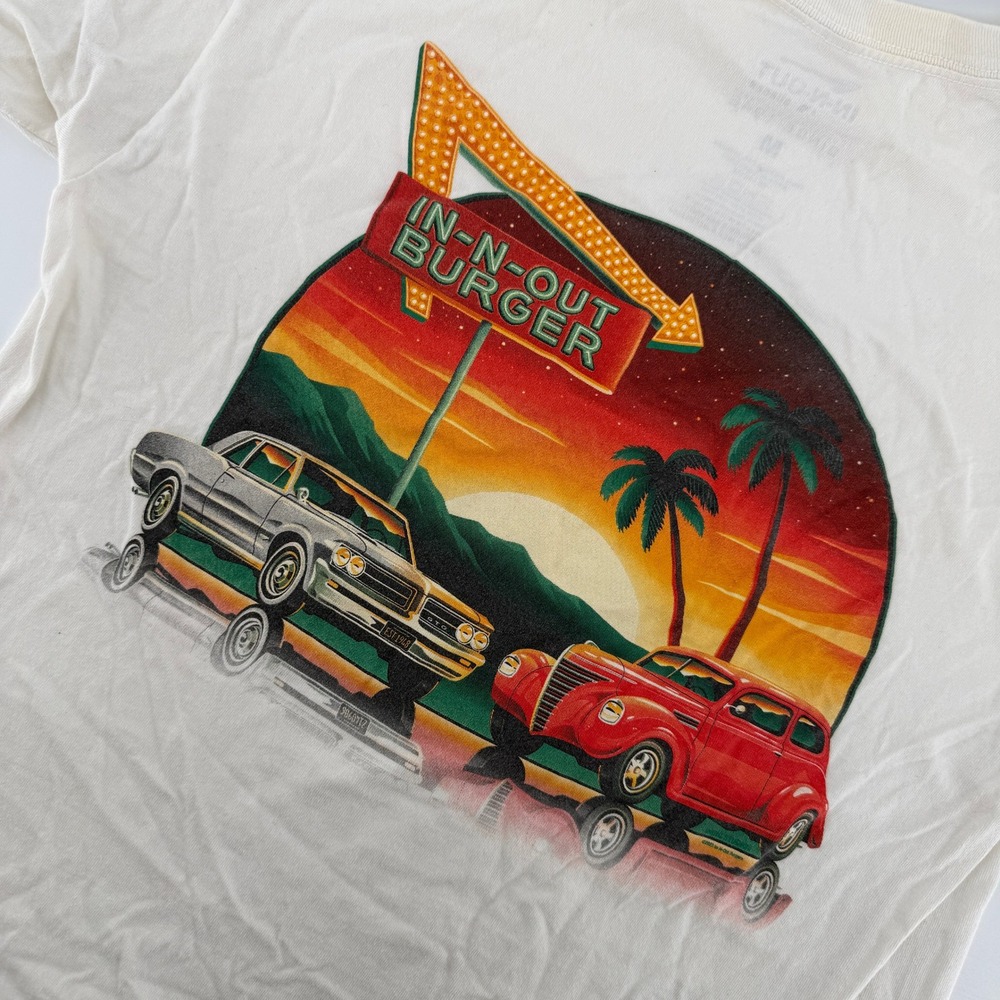 In-N-Out Burger Graphic T-Shirt Mens Medium Cream Utah Classic Cars Back Print